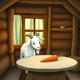 Inside a cozy forest cabin, a white goat is curiously gazing at a carrot on a round stone table