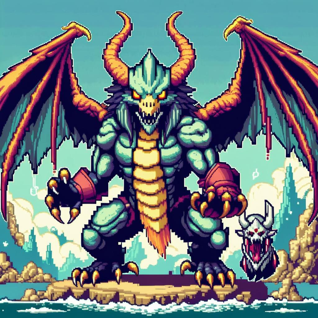 Imagen pixel art fusionando estas 3 criaturas.
