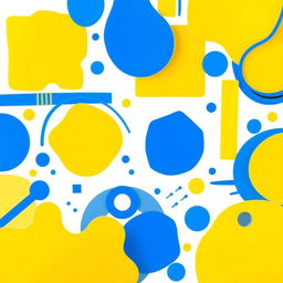 A vibrant scene featuring a collection of abstract shapes and forms, originally in yellow, now transformed into various shades of blue