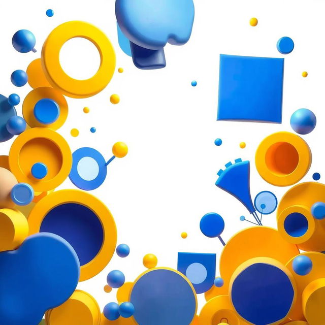 A vibrant scene featuring a collection of abstract shapes and forms, originally in yellow, now transformed into various shades of blue