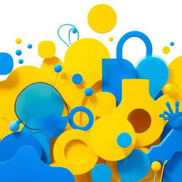 A vibrant scene featuring a collection of abstract shapes and forms, originally in yellow, now transformed into various shades of blue