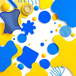A vibrant scene featuring a collection of abstract shapes and forms, originally in yellow, now transformed into various shades of blue