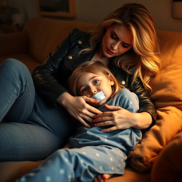 A dramatic scene depicting a blonde woman in high-waisted tight jeans and a black leather jacket, confidently lounging in a cozy room