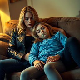 A dramatic scene depicting a blonde woman in high-waisted tight jeans and a black leather jacket, confidently lounging in a cozy room