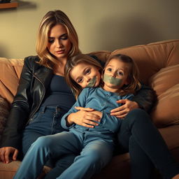 A dramatic scene depicting a blonde woman in high-waisted tight jeans and a black leather jacket, confidently lounging in a cozy room