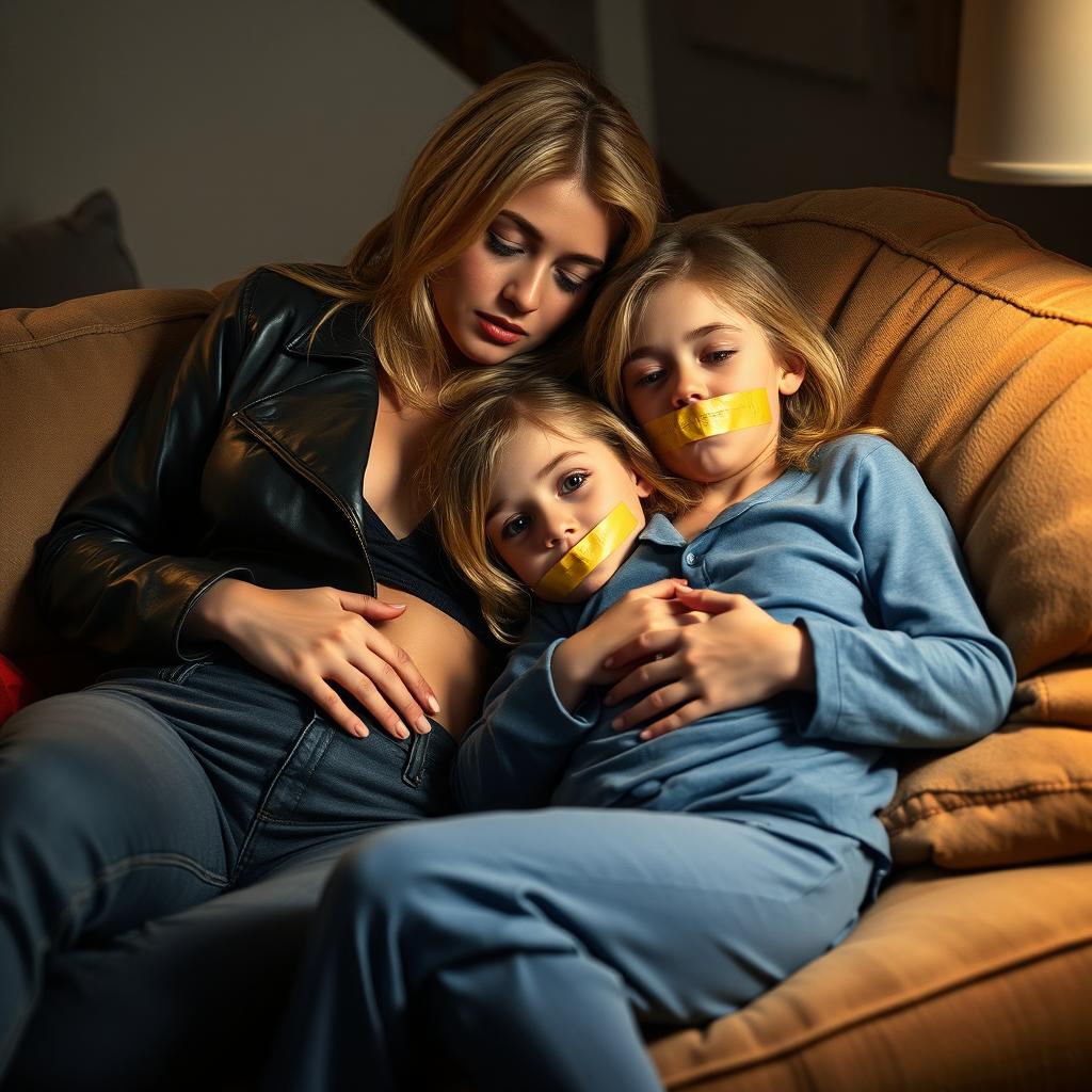 A dramatic scene depicting a blonde woman in high-waisted tight jeans and a black leather jacket, confidently lounging in a cozy room
