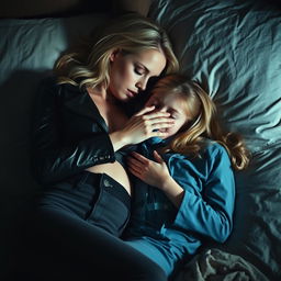 A dramatic scene depicting a blonde woman with an ambitious demeanor, dressed in high-waisted tight jeans and a sleek black leather jacket, napping with a girl who is wearing blue pajamas