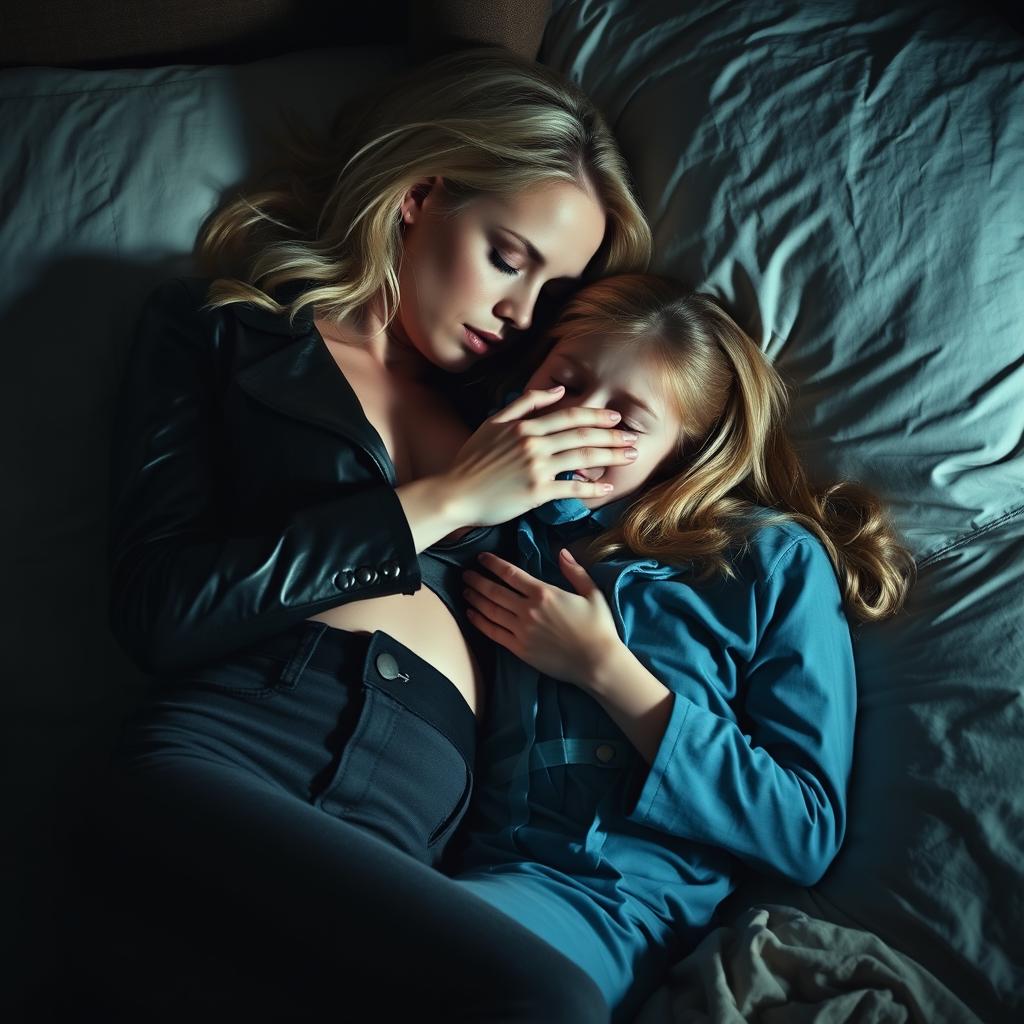 A dramatic scene depicting a blonde woman with an ambitious demeanor, dressed in high-waisted tight jeans and a sleek black leather jacket, napping with a girl who is wearing blue pajamas