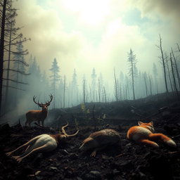 A hauntingly beautiful scene depicting the aftermath of a forest fire, featuring a variety of animals that have succumbed to the flames