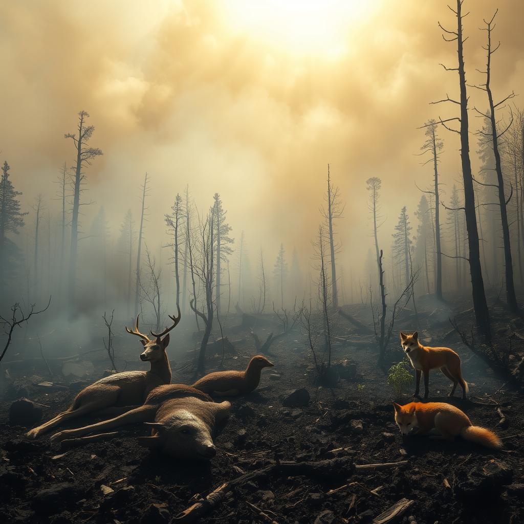 A hauntingly beautiful scene depicting the aftermath of a forest fire, featuring a variety of animals that have succumbed to the flames