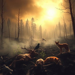 A hauntingly beautiful scene depicting the aftermath of a forest fire, featuring a variety of animals that have succumbed to the flames
