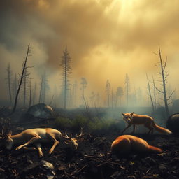 A hauntingly beautiful scene depicting the aftermath of a forest fire, featuring a variety of animals that have succumbed to the flames
