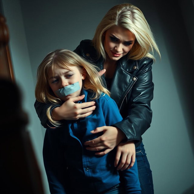 A dramatic scene depicting a strong blonde woman dressed in high-waisted tight jeans and a stylish black leather jacket, with an ambitious demeanor