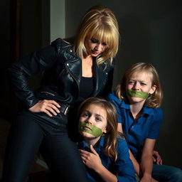 A dramatic scene depicting a strong blonde woman dressed in high-waisted tight jeans and a stylish black leather jacket, with an ambitious demeanor