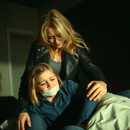 A dramatic scene depicting a strong blonde woman dressed in high-waisted tight jeans and a stylish black leather jacket, with an ambitious demeanor