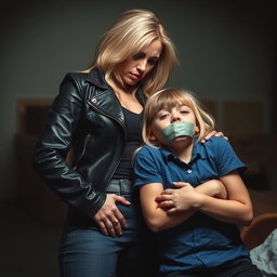 A dramatic scene depicting a strong blonde woman dressed in high-waisted tight jeans and a stylish black leather jacket, with an ambitious demeanor