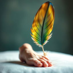 A surreal image featuring a large, colorful bird feather delicately balancing on the tip of a human foot