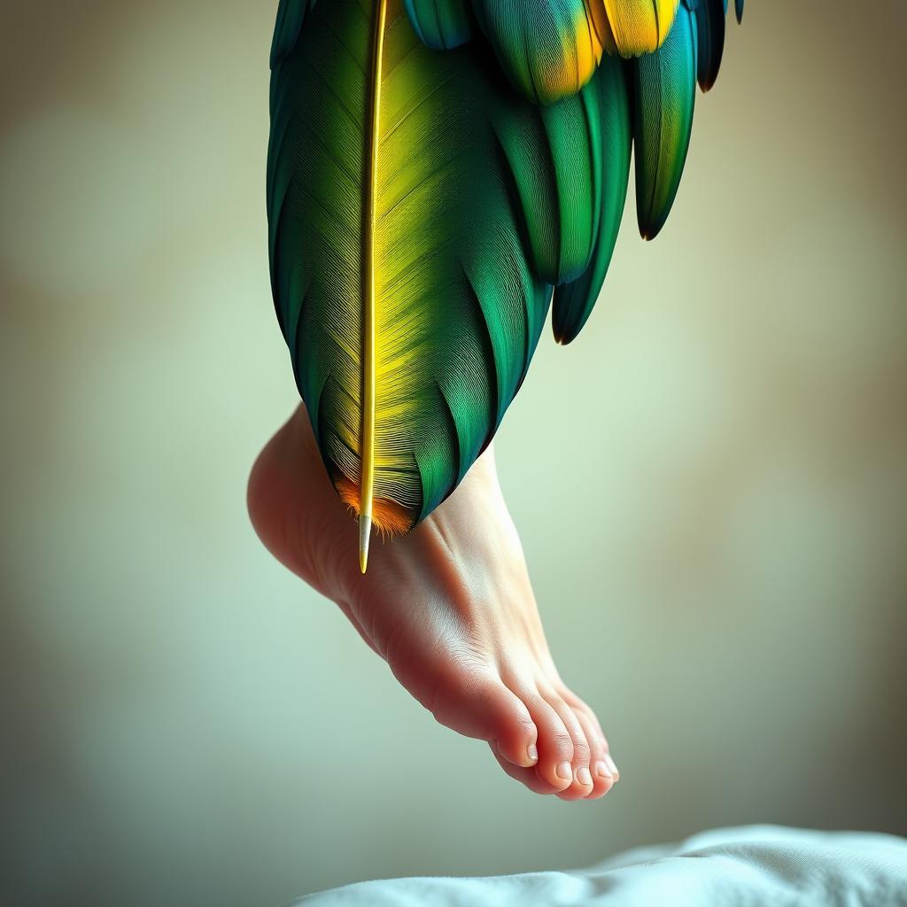 A surreal image featuring a large, colorful bird feather delicately balancing on the tip of a human foot