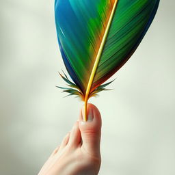 A surreal image featuring a large, colorful bird feather delicately balancing on the tip of a human foot
