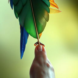 A surreal image featuring a large, colorful bird feather delicately balancing on the tip of a human foot