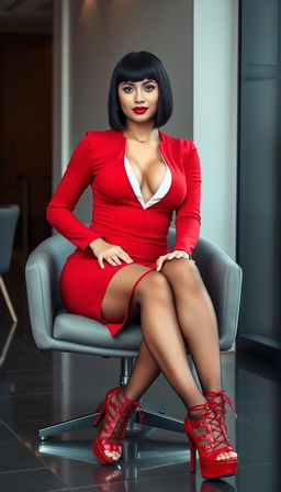 A confident and stylish businesswoman, 25 years old, sitting gracefully on a modern chair