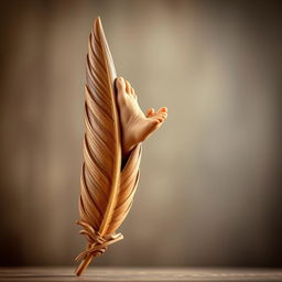 A beautifully carved wooden bird feather with intricate details, featuring a human foot delicately sculpted at the tip