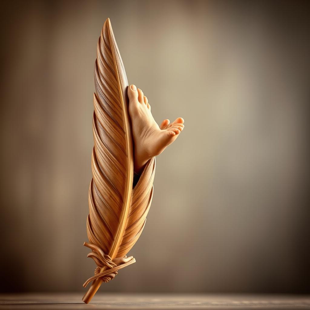 A beautifully carved wooden bird feather with intricate details, featuring a human foot delicately sculpted at the tip