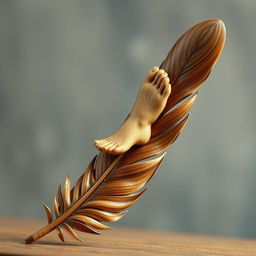 A beautifully carved wooden bird feather with intricate details, featuring a human foot delicately sculpted at the tip