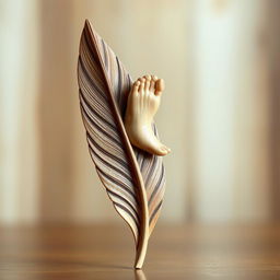 A beautifully carved wooden bird feather with intricate details, featuring a human foot delicately sculpted at the tip