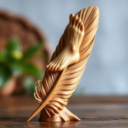 A beautifully carved wooden bird feather with intricate details, featuring a human foot delicately sculpted at the tip