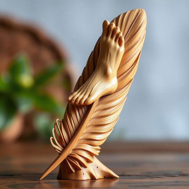 A beautifully carved wooden bird feather with intricate details, featuring a human foot delicately sculpted at the tip