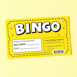A vibrant and cheerful BINGO coupon design, primarily featuring a bright yellow theme