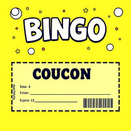 A vibrant and cheerful BINGO coupon design, primarily featuring a bright yellow theme
