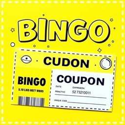 A vibrant and cheerful BINGO coupon design, primarily featuring a bright yellow theme