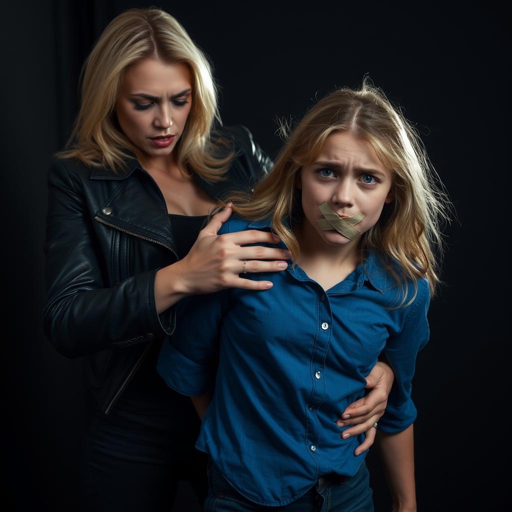 An intense scene depicting a blonde woman who is dressed in high-waisted tight jeans and a fashionable black leather jacket, looking ambitious and strong