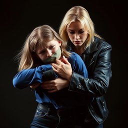 An intense scene depicting a blonde woman who is dressed in high-waisted tight jeans and a fashionable black leather jacket, looking ambitious and strong