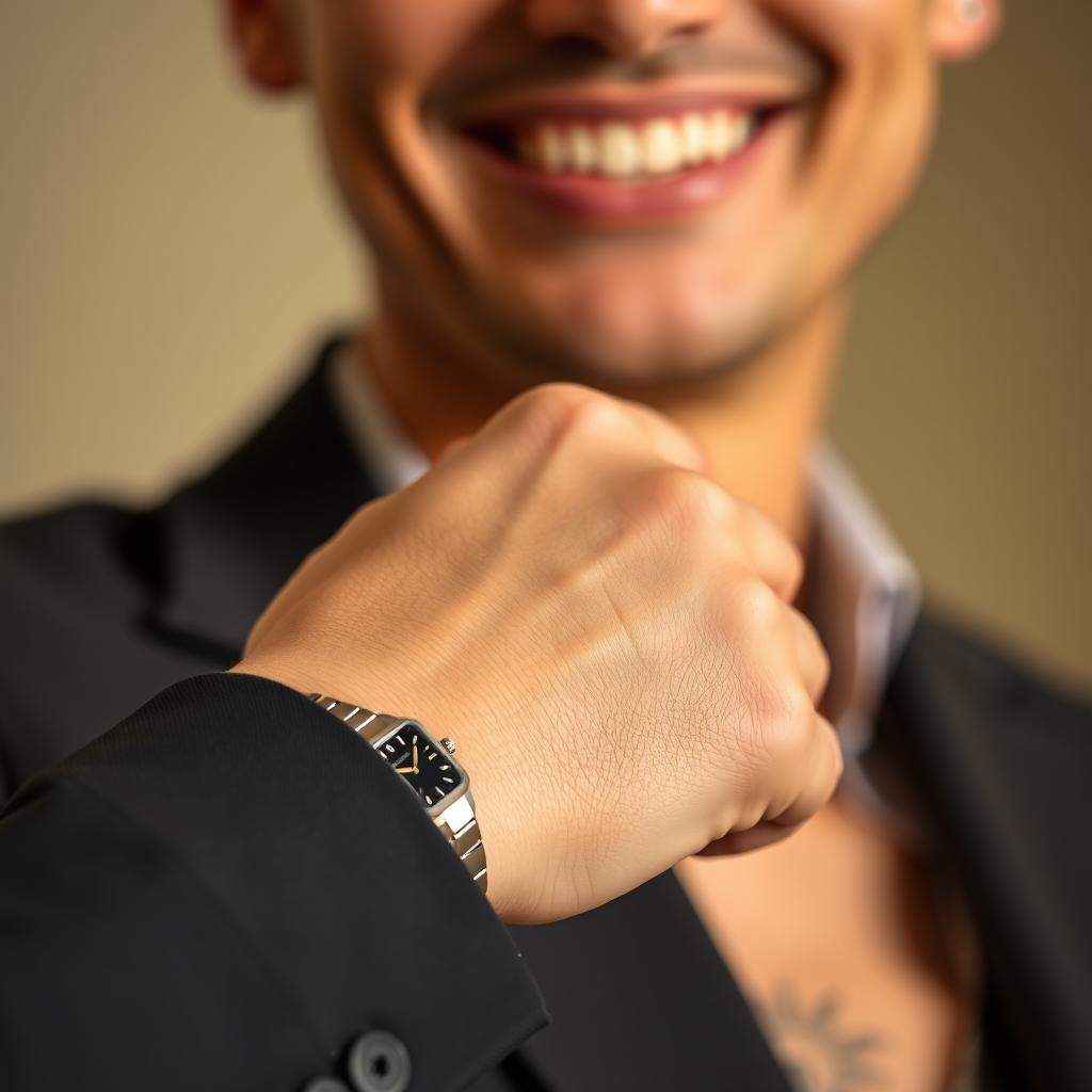 A close-up of a stylishly dressed person's hand wearing an elegant wristwatch, showcasing the intricate details of the watch face and band