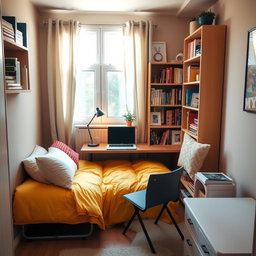 A cozy small office setup in a well-decorated spare bedroom that also functions as a sleeping space