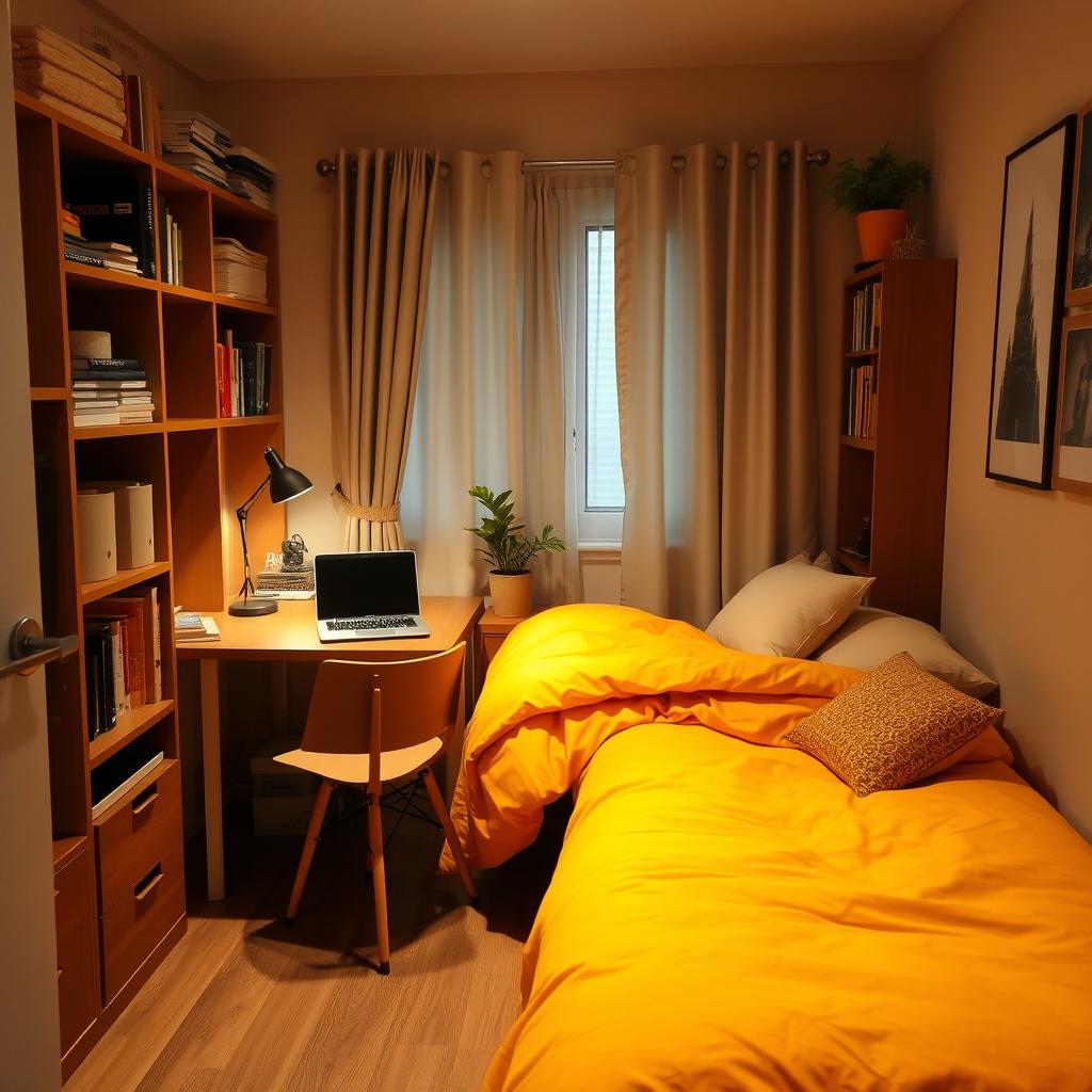 A cozy small office setup in a well-decorated spare bedroom that also functions as a sleeping space
