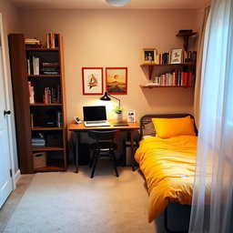 A cozy small office setup in a well-decorated spare bedroom that also functions as a sleeping space