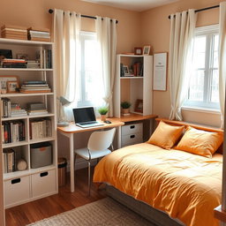 A cozy small office setup in a well-decorated spare bedroom that also functions as a sleeping space
