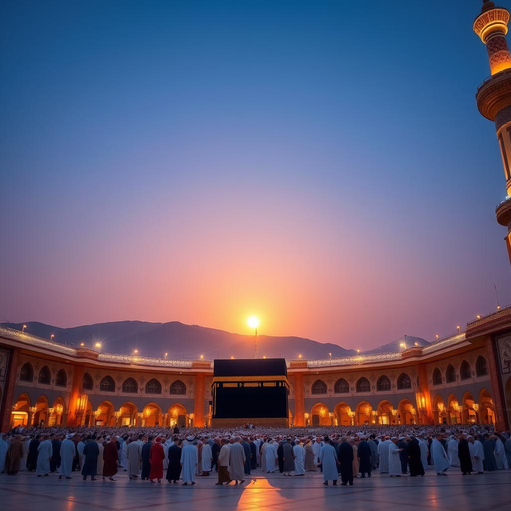 A beautiful scene of Mecca during the twilight, featuring the Kaaba in the center, surrounded by worshippers in traditional attire