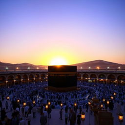 A beautiful scene of Mecca during the twilight, featuring the Kaaba in the center, surrounded by worshippers in traditional attire