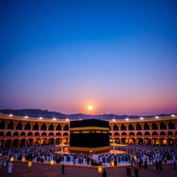 A beautiful scene of Mecca during the twilight, featuring the Kaaba in the center, surrounded by worshippers in traditional attire