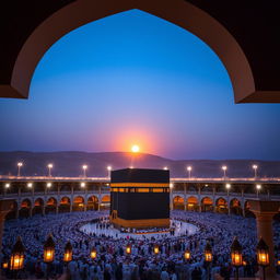 A beautiful scene of Mecca during the twilight, featuring the Kaaba in the center, surrounded by worshippers in traditional attire