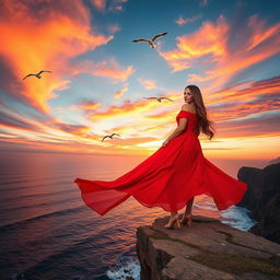 A beautiful woman in a flowing red dress, standing confidently on a cliff's edge overlooking a vast ocean under a vibrant sunset sky