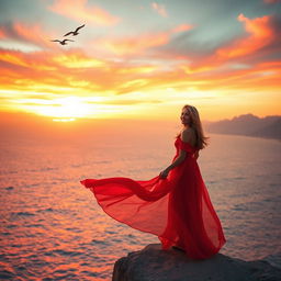 A beautiful woman in a flowing red dress, standing confidently on a cliff's edge overlooking a vast ocean under a vibrant sunset sky