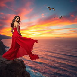 A beautiful woman in a flowing red dress, standing confidently on a cliff's edge overlooking a vast ocean under a vibrant sunset sky