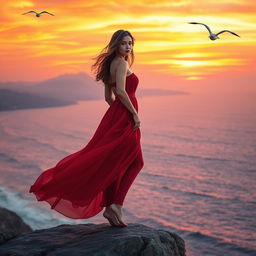 A beautiful woman in a flowing red dress, standing confidently on a cliff's edge overlooking a vast ocean under a vibrant sunset sky