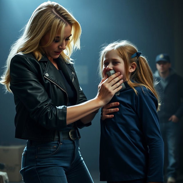 A dramatic scene featuring a blonde woman with an ambitious demeanor, dressed in high-waisted tight jeans and a black leather jacket, is depicted in an intense atmosphere